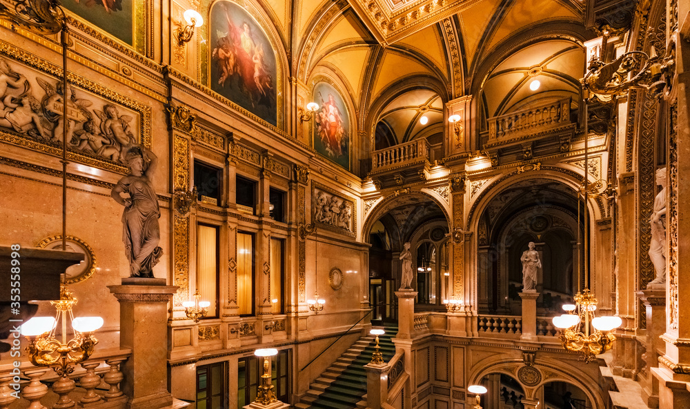 Vienna Opera House, entrance hall interior, showing multiple levels with columns and vaulting.