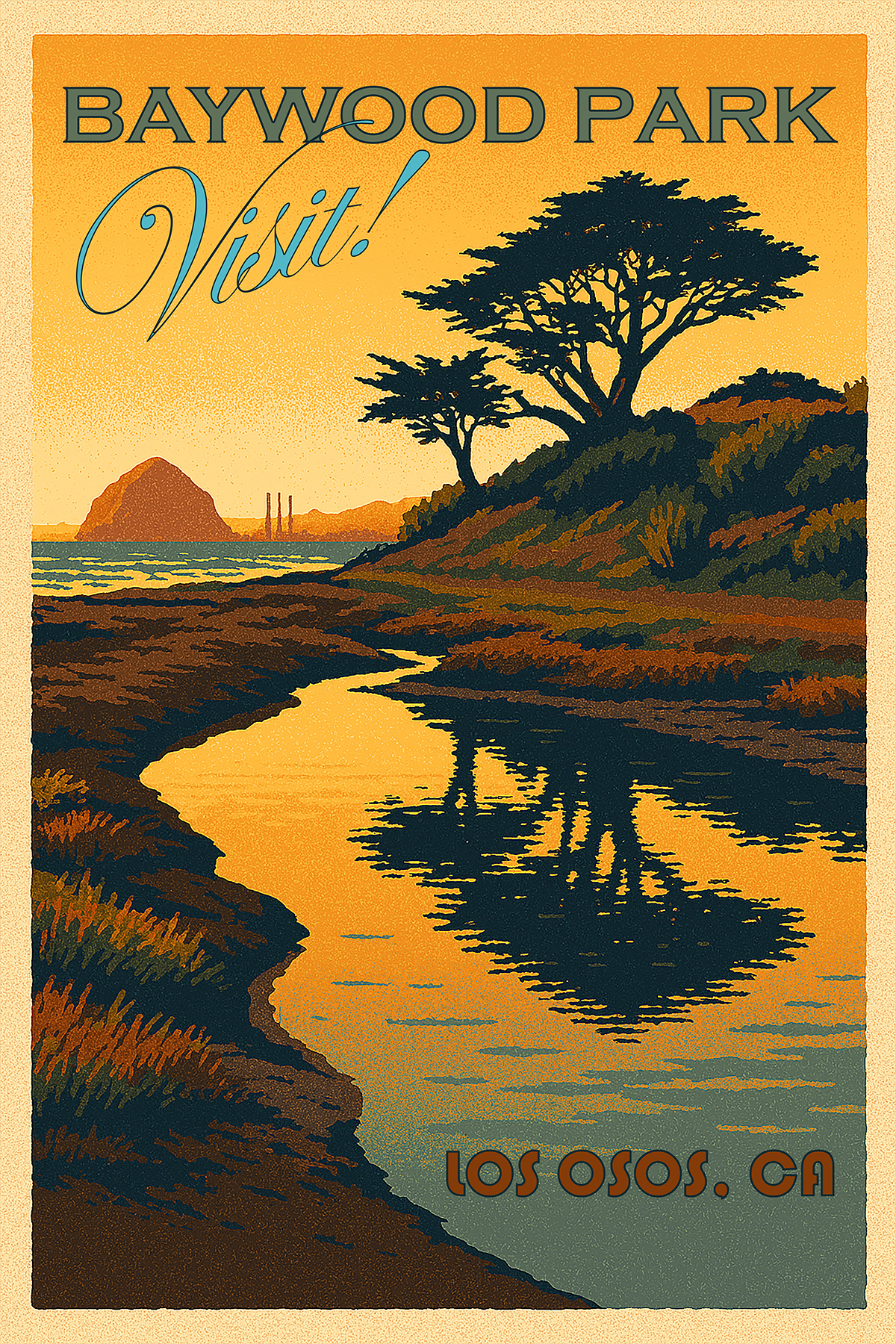 poster image of a view from the back bay of Los Osos toward Morro Rock