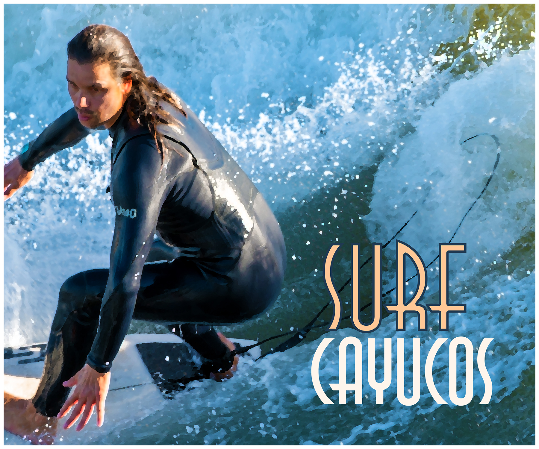 poster image with close-up of surfer and the text "Surf Cayucos"