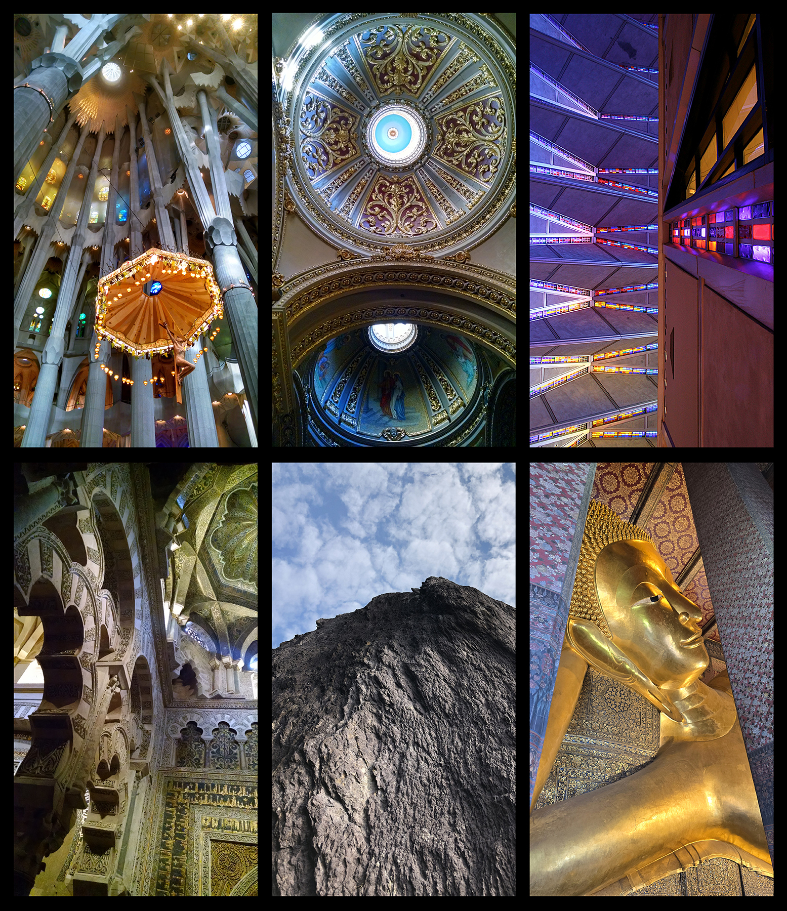 Upward-looking images from religious sites of different faiths: Sagrada Familia; Melk Abbey; Air Force Academy Chapel; Great Mosque of Cordoba; Carnac standing stone field; temple of great reclining Buddha in Bangkok.