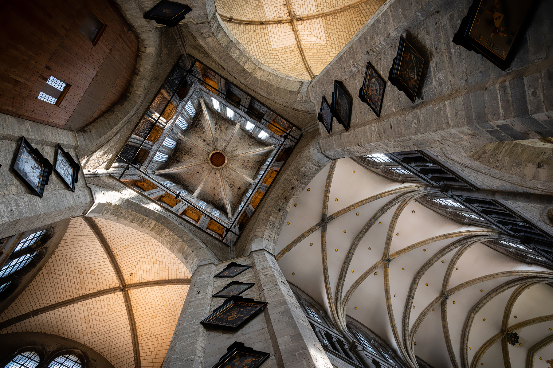 Looking upward into cathedral vaults, Bruges, Belgium.