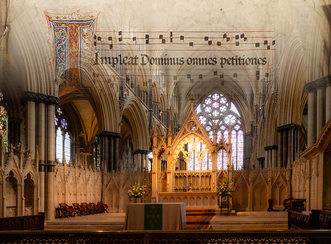 Blended image of the high altar of Lincoln Cathedral, superposed on the leaf of a medieval choral manuscript.