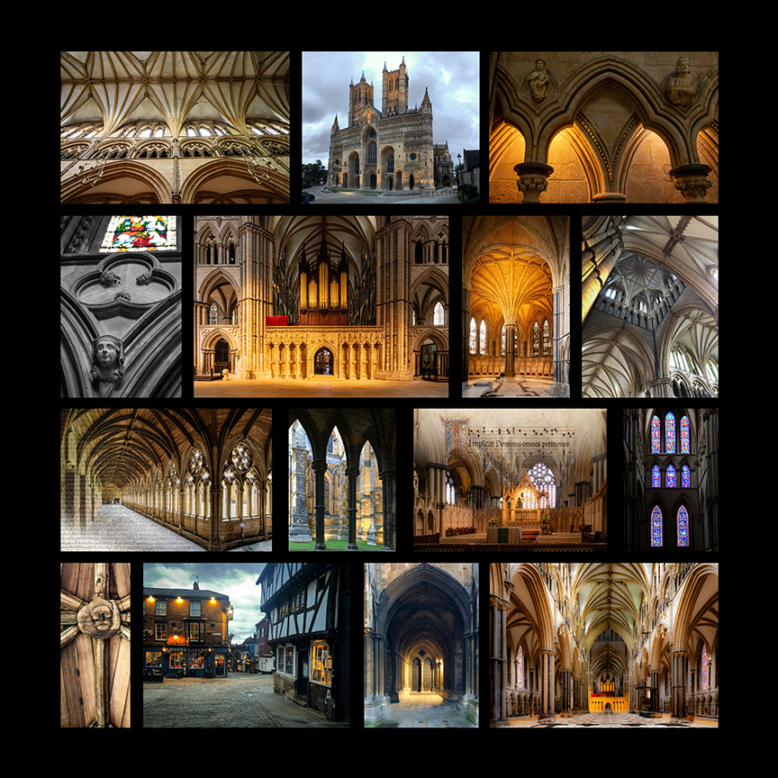 Collage of photos from the interior and exterior spaces of Lincoln Cathedral
