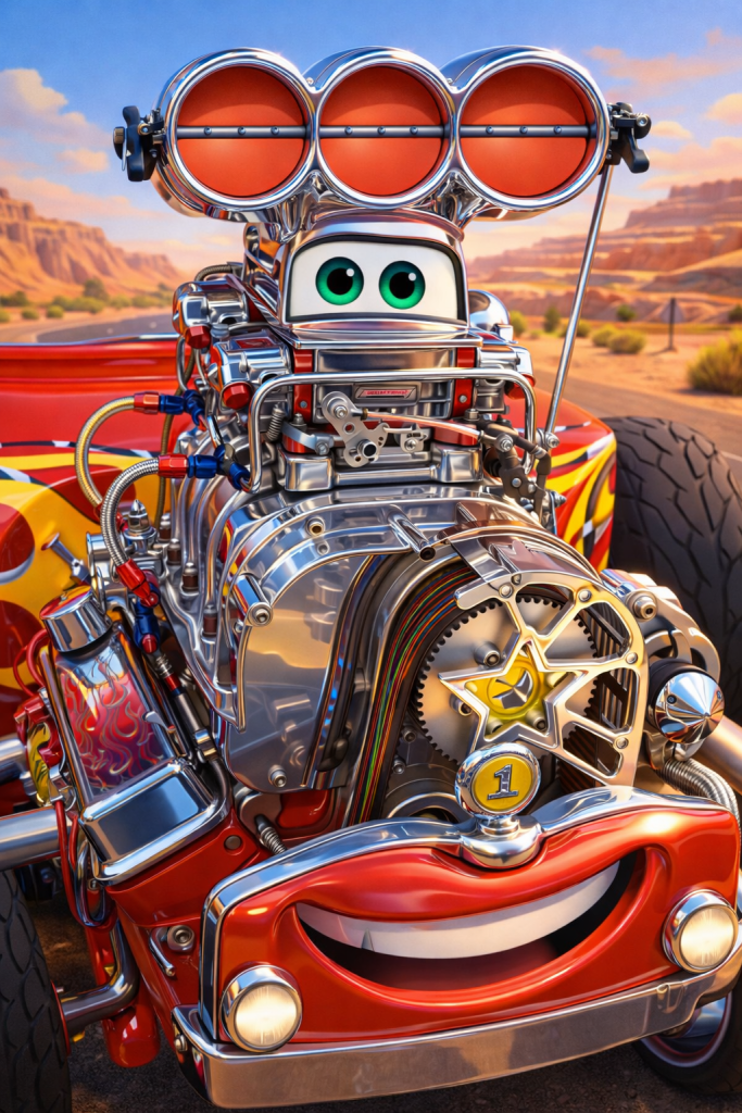 Re-imagining of my original engine photo as a character from a Pixar movie from the Cars universe.