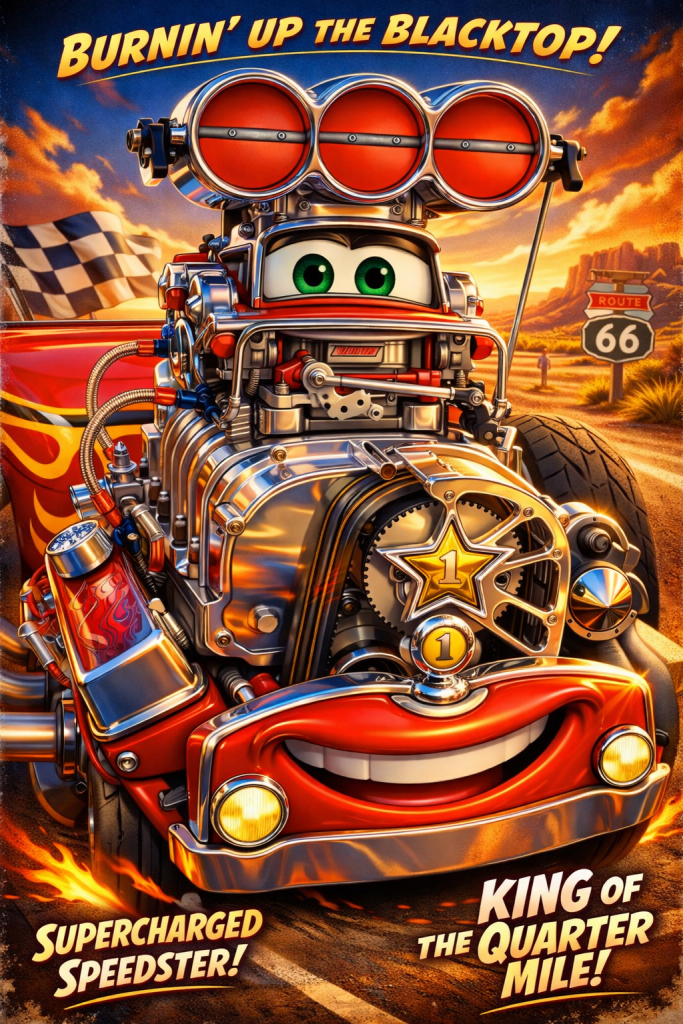 Poster of the Cruise Pendragon character, showing him burning up the drag racing track.