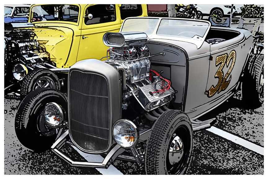 Dragster converted from a 1930s roadstar, with engine exposed.