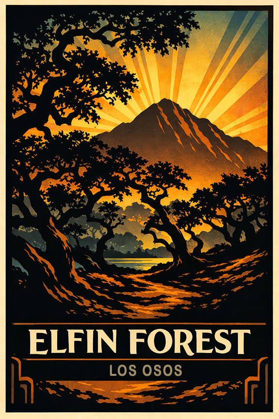 old-fashioned style poster of trees from the Elfin Forest, with Mount Hollister in the background. The mountain is backlit by yellow and orange rays of sunset. The text reads "Elfin Forest" and "Los Osos".