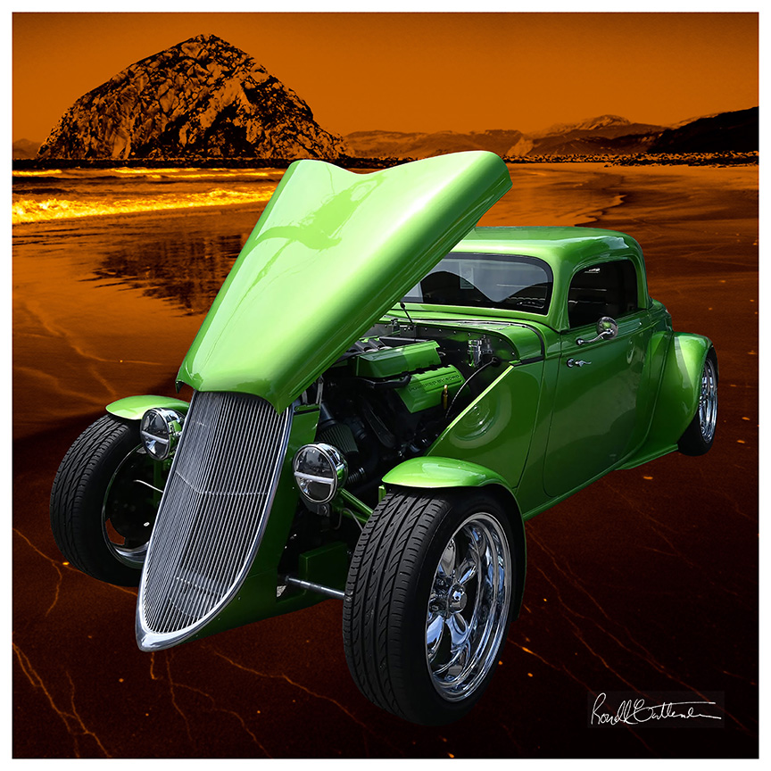 Lime green 1930s car with hood opened to display engine, displayed against a backdrop of Morro Rock, in burnt orange.