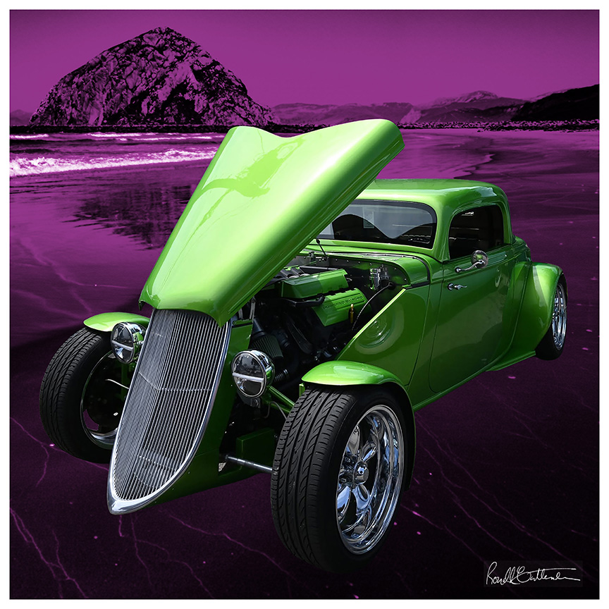 Lime green 1930s car with hood opened to display engine, displayed against a backdrop of Morro Rock, in purple.
