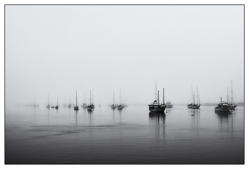 Black and white image of sailboats moored in a foggy anchorage. Only a few of the boats are distinct in the fog.